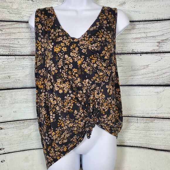 Maurices 24/7 Black Yellow Floral Knot Front Tank Top Women’s Large - Picture 1 of 5